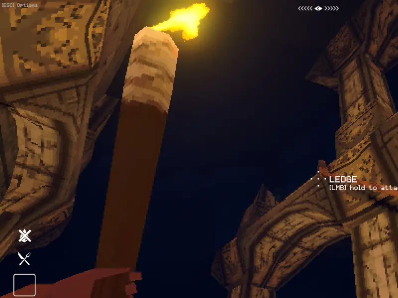 Burning torch lighting a dark chamber